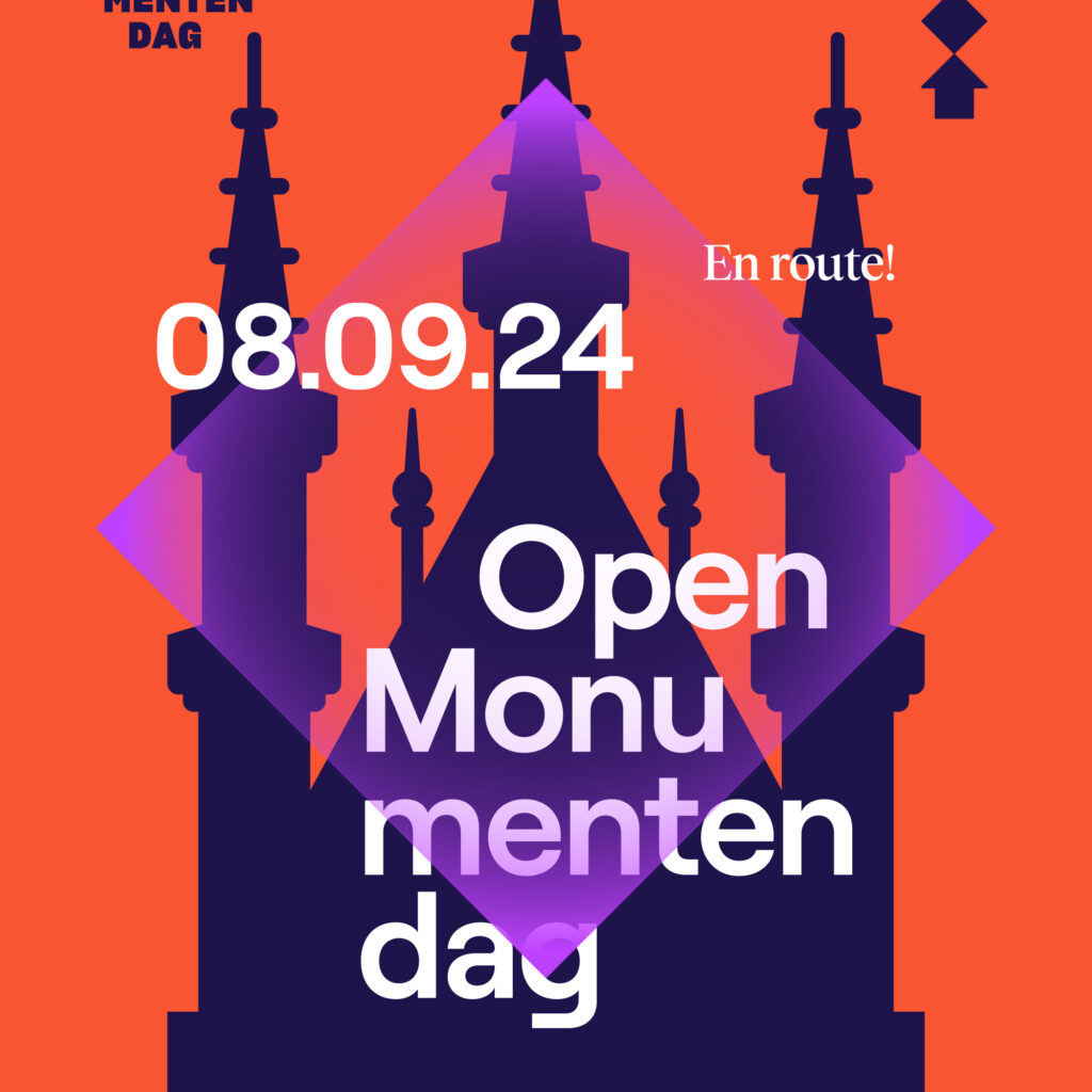 Poster van Open Monumentendag 2024 met het silhouet van een gebouw op een helder rode achtergrond