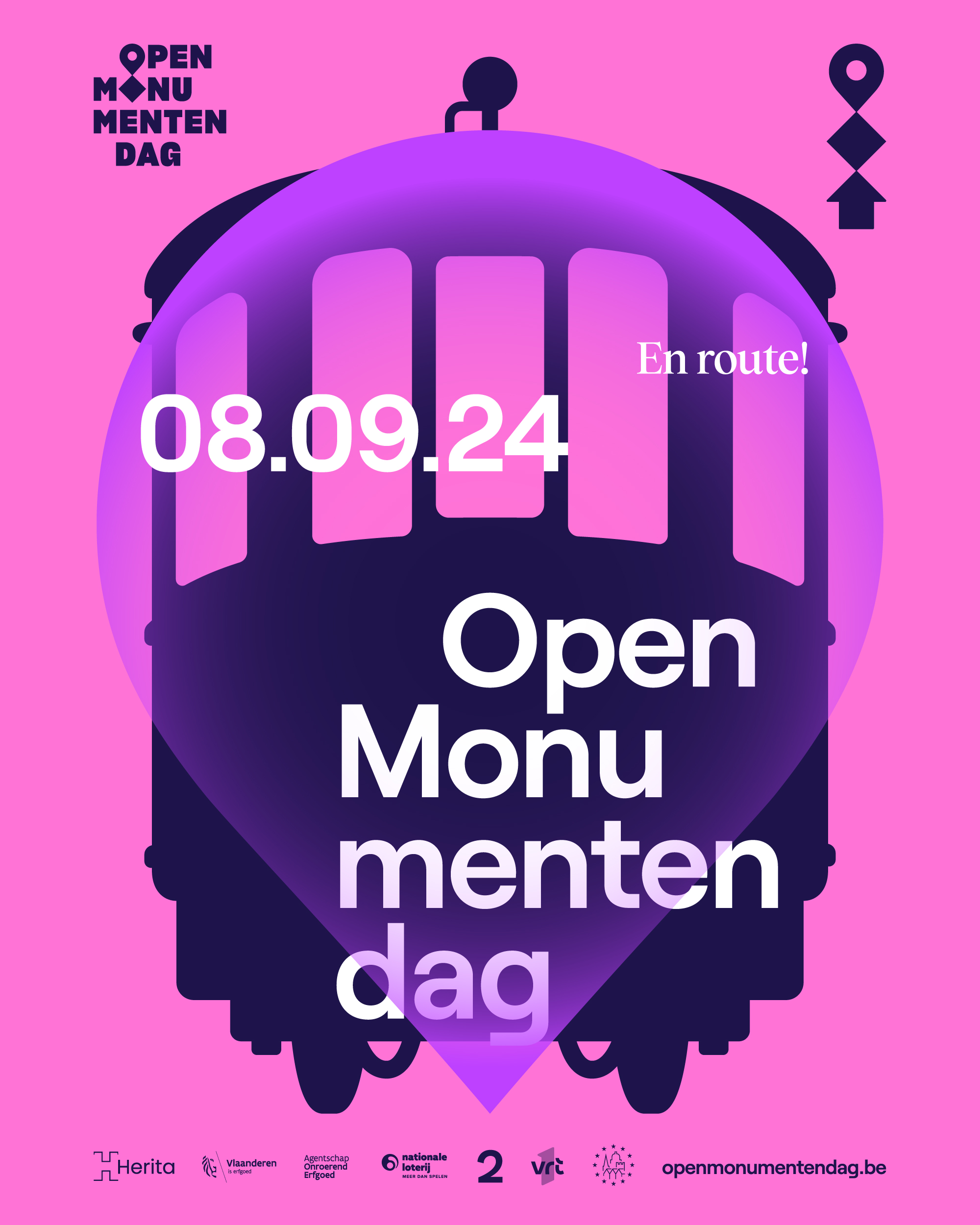 Het silhouet van een trein op een neon roze achtergrond. In witte letters geeft de poster de titel Open Monumentendag En Route! weer en de datum 8 september 2024.