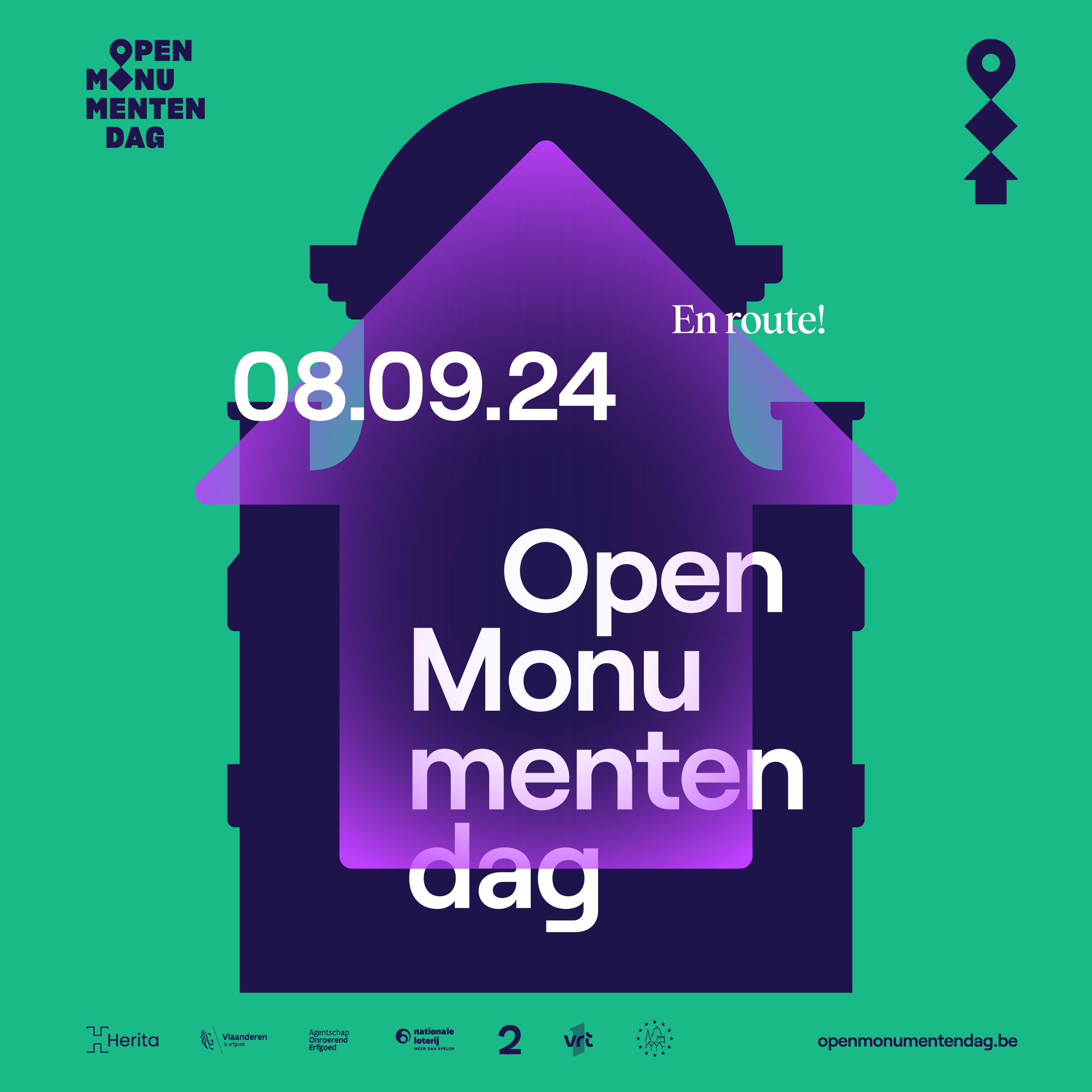 Poster van Open Monumentendag 2024 met een silhouet van de Hofkamer op een neongroene achtergrond.